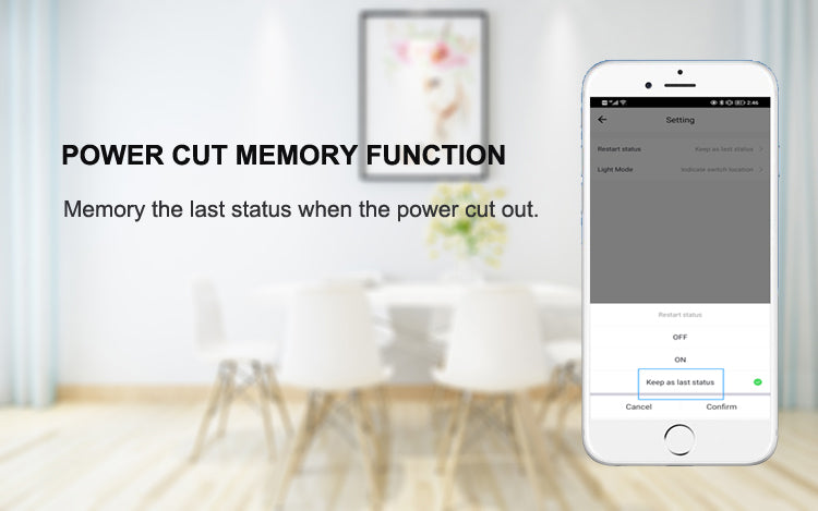 Power cut memory restores last setting