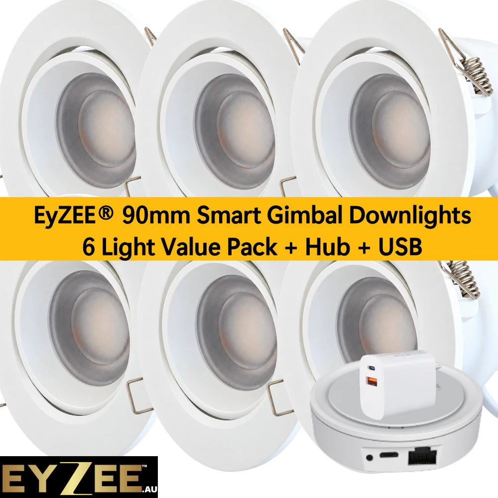 EyZEE® 90mm Smart Gimbal Downlights — 6 Light Value Pack + Hub
