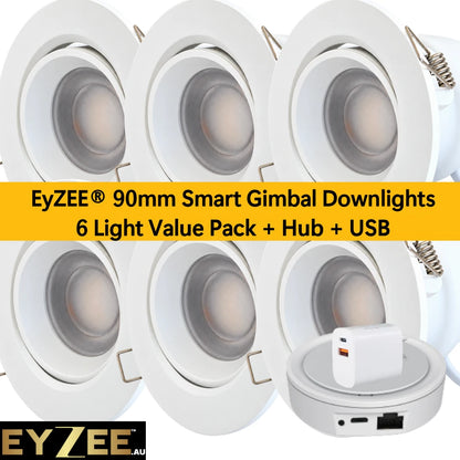 EyZEE® 90mm Smart Gimbal Downlights — 6 Light Value Pack + Hub