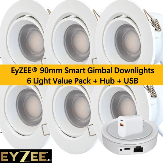 EyZEE® 90mm Smart Gimbal Downlights — 6 Light Value Pack + Hub