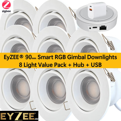 EyZEE® 90mm Smart RGB Gimbal Downlights — 8 Light Value Pack + Hub + USB
