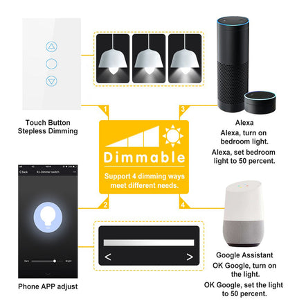 Dimmable through touch voice and phone app